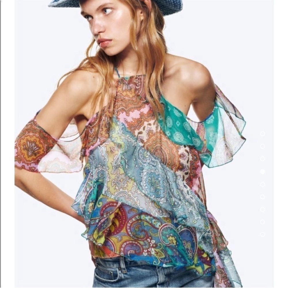 ZARA TIED RUFFLED PATCHWORK BOHO BLOUSE top